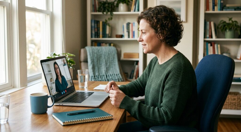 How Can I Get Online Psychiatric Care in Texas? 2 Patient attending an online psychiatric consultation with a mental health provider