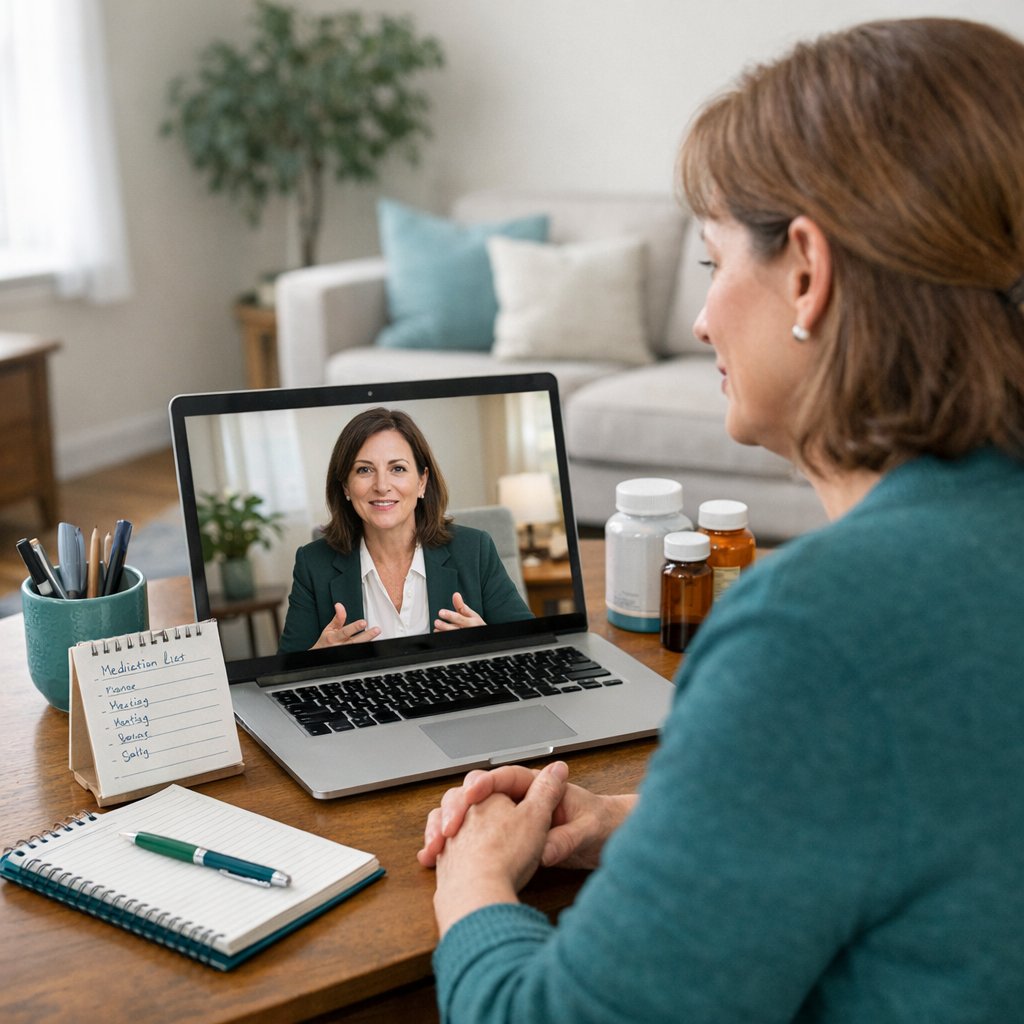 How Can I Get Online Psychiatric Care in Texas? 3 Patient discussing medication management during an online psychiatric appointment