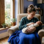 Mother experiencing postpartum depression holding her newborn by a window