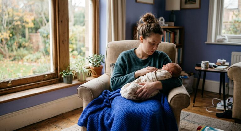 Postpartum Depression: Symptoms, Causes & How to Cope 6 Mother experiencing postpartum depression holding her newborn by a window