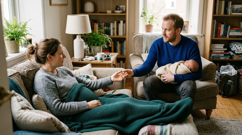 Partner supporting new mother coping with postpartum depression at home
