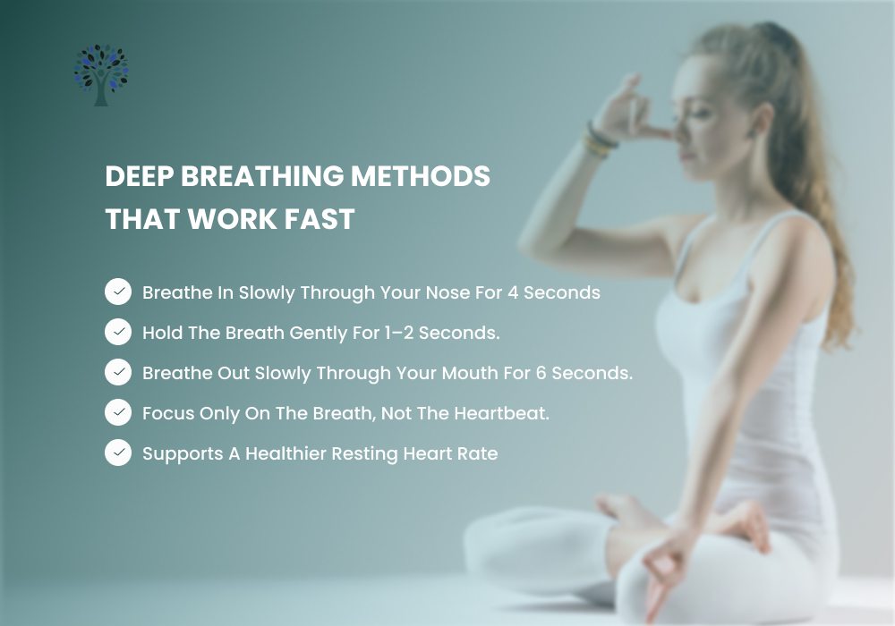 Deep breathing exercise for lowering heart rate anxiety and calming a fast heartbeat naturally