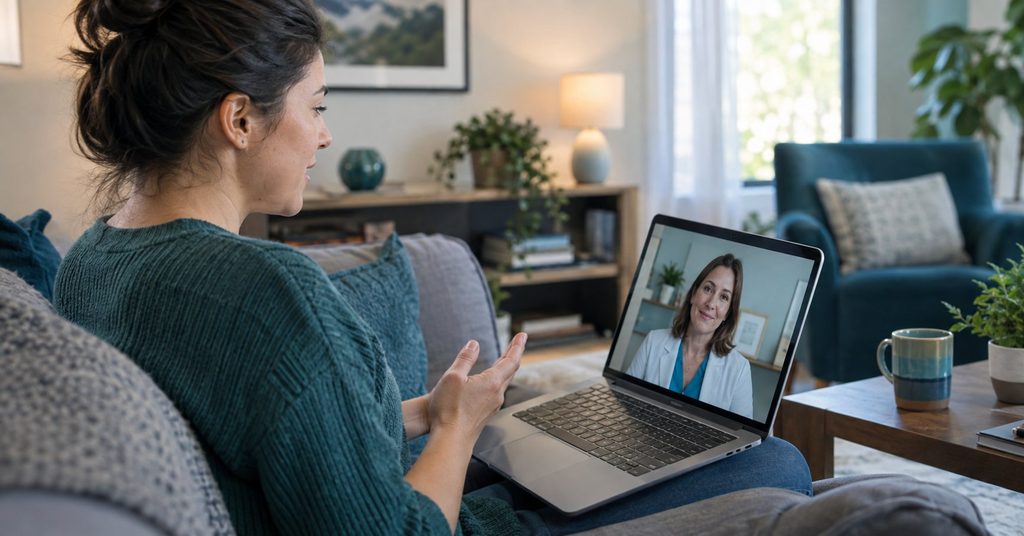 Patient attending an online psychiatry appointment from home
