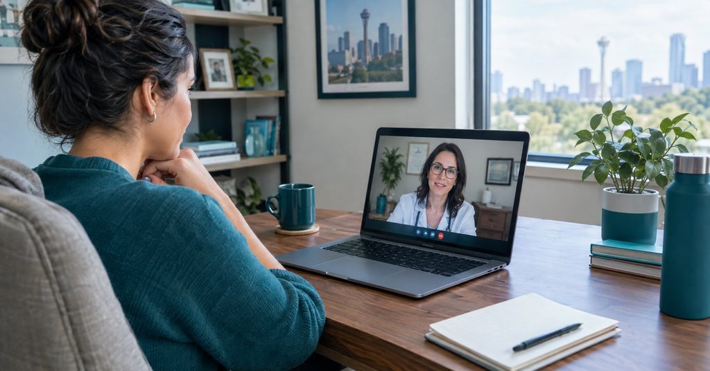 Patient accessing virtual psychiatric care from home in Texas