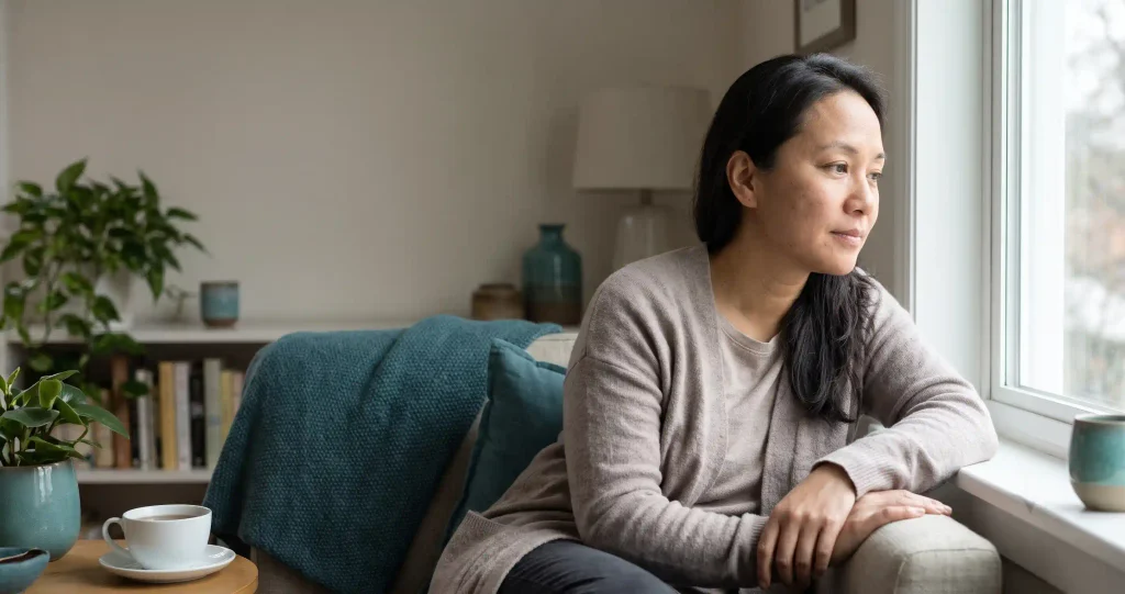 Adult reflecting on emotional well-being and mental health symptoms.

