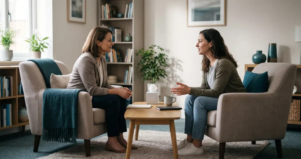  Mental health professional discussing symptoms and assessment with an adult patient.